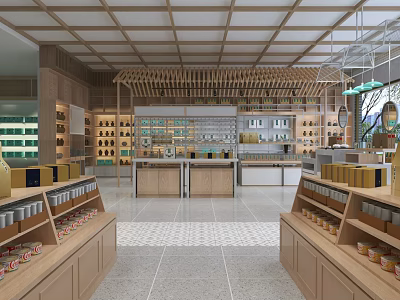 Modern Mall Store Interior With Wooden Ceiling Shelves And Product Displays 3d model