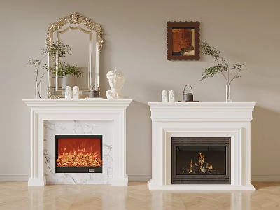 Stylish White Fireplaces With Red Real Flames Golden Mirror Statue Plants And Wall Painting 3d model