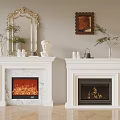 Stylish White Fireplaces With Red Real Flames Golden Mirror Statue Plants And Wall Painting