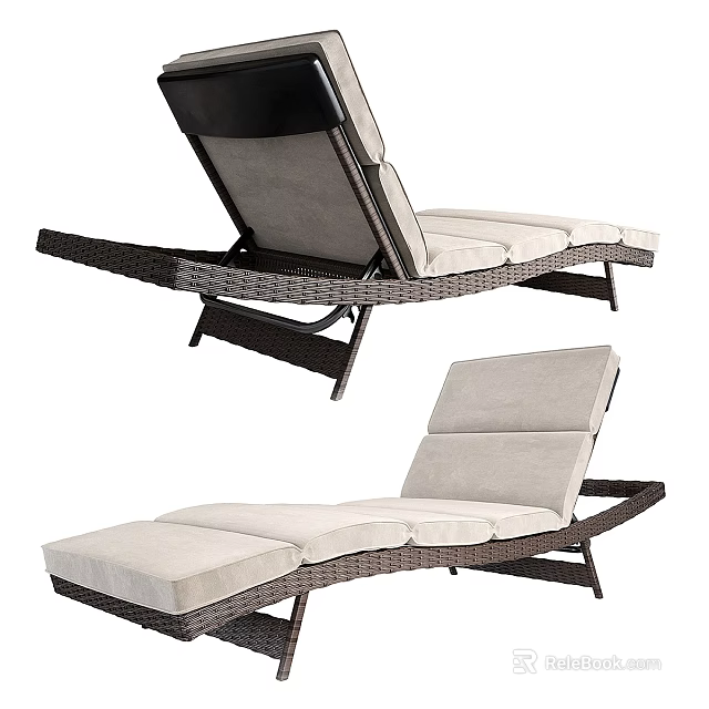 Outdoor Wicker Lounge Chair With Adjustable Backrest And Beige Comfortable Cushions 3d model 