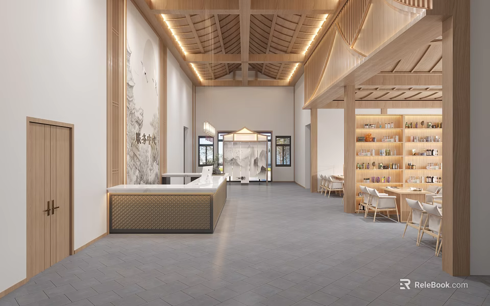 Traditional Chinese Style Shop Front Desk With Wooden Ceiling Bookshelves And Spacious Interior 3d model 