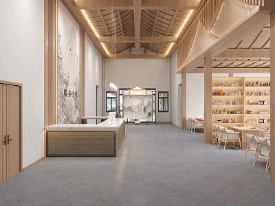 Traditional Chinese Style Shop Front Desk With Wooden Ceiling Bookshelves And Spacious Interior 3d model