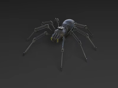 Mechanical Reptile Model With Dark Body Yellow Glowing Eyes And Long Slender Legs 3d model