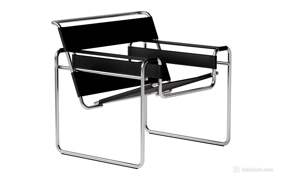 Modern Lounge Chair with Geometric Chrome Metal Frame and Black Seat Backrest 3d model 