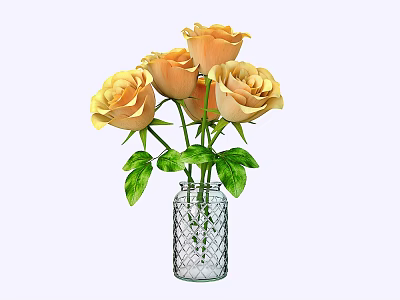 Transparent Diamond Pattern Glass Vase with Yellow Roses and Green Leaves 3d model