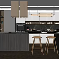 Modern Kitchen Interior With Island Bar Stools Pendant Lights And Cabinets 3d model