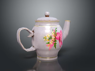 White Ceramic Teapot With Pink Yellow Floral Design For Home Furniture 3d model
