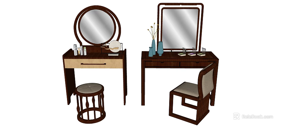 Two Wooden Dressing Tables With Round Rectangular Mirrors Stool Chair Cosmetics And Vase 3d model