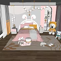 Kids Room Interior With Bunny Ear Headboard Pink Gray Decor Stuffed Toys And Bookshelf