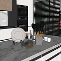 Luxury Modern Kitchen Interior With Marble Countertop Open Design And Kitchen Utensils