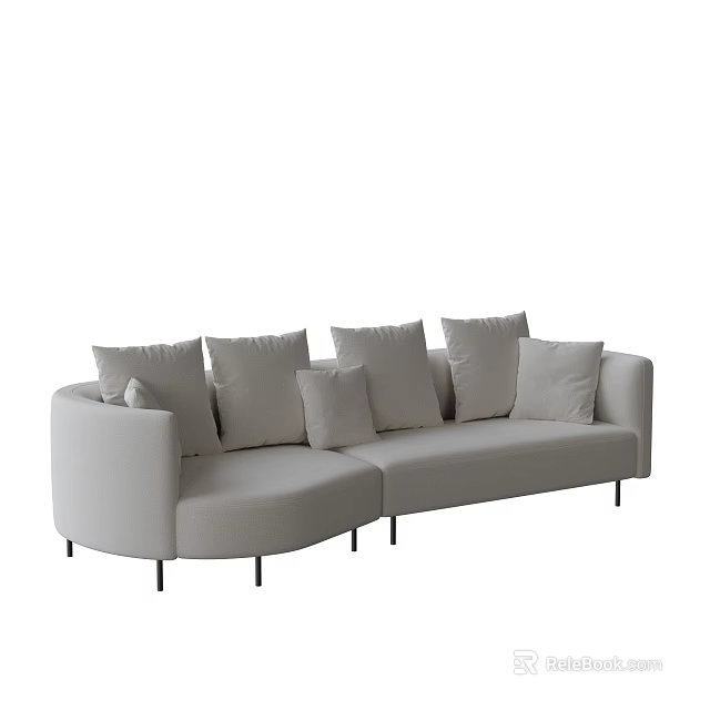 Modern Light Gray Sectional Sofa With Multiple Cushions And Black Metal Legs 3d model