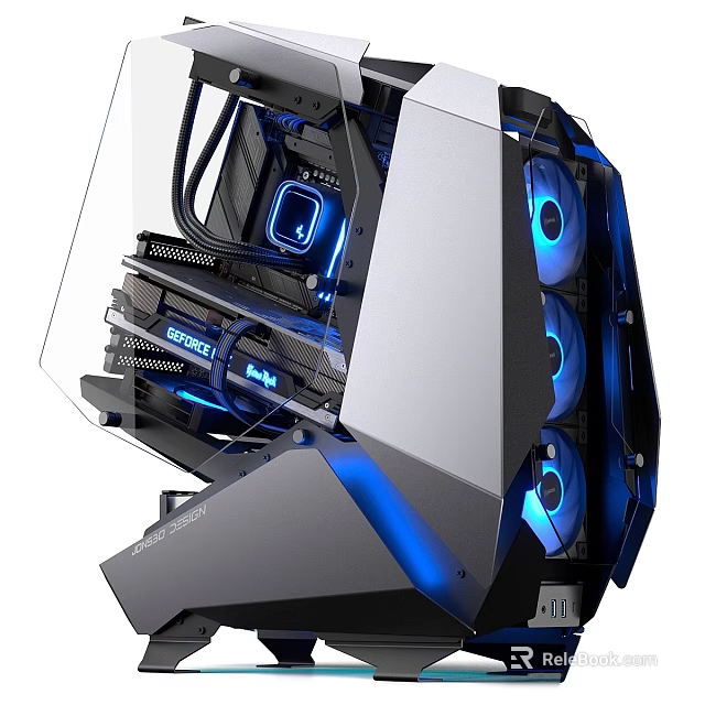 High Performance Gaming PC Case With Transparent Panel Blue LED Lighting And Cooling Fans 3d model 