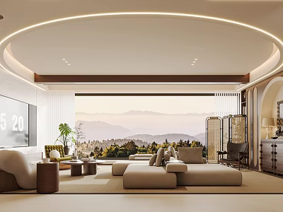 Modern Living Dining Room Interior With Open Concept Large Windows Mountain View And Beige Sofa 3d model
