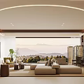 Modern Living Dining Room Interior With Open Concept Large Windows Mountain View And Beige Sofa