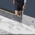 Modern Marble Reception Desk With Blue Wall Welcome Sign Receptionist And Glossy Floor