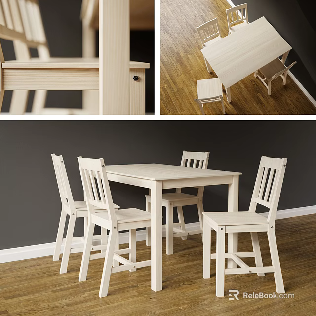 White Rectangular Dining Table Set With Four Wooden Chairs And Wooden Floor 3d model