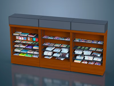 Wooden Three Section Bookcase With Multiple Shelves And Colorful Books On Gray Top 3d model