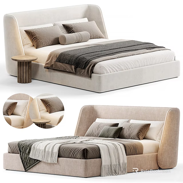 Modern Upholstered Double Bed Interior With Layered Pillows Cozy Blanket And Round Side Table 3d model 