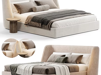 Modern Upholstered Double Bed Interior With Layered Pillows Cozy Blanket And Round Side Table 3d model