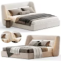 Modern Upholstered Double Bed Interior With Layered Pillows Cozy Blanket And Round Side Table 3d model