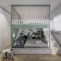 Kids Room Design with Loft Bed Green Railings Dinosaur Decor Study Desk Storage Drawers