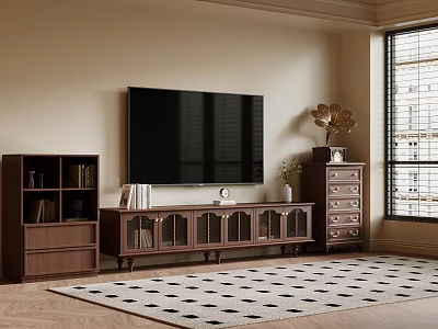 Modern TV Stand with Flat Screen TV Side Cabinets and Geometric Rug in Living Room 3d model