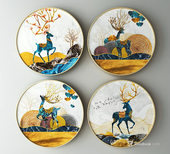 Decorative Round Frame Paintings With Deer Trees Gold Blue Mountains And Clouds 3d model