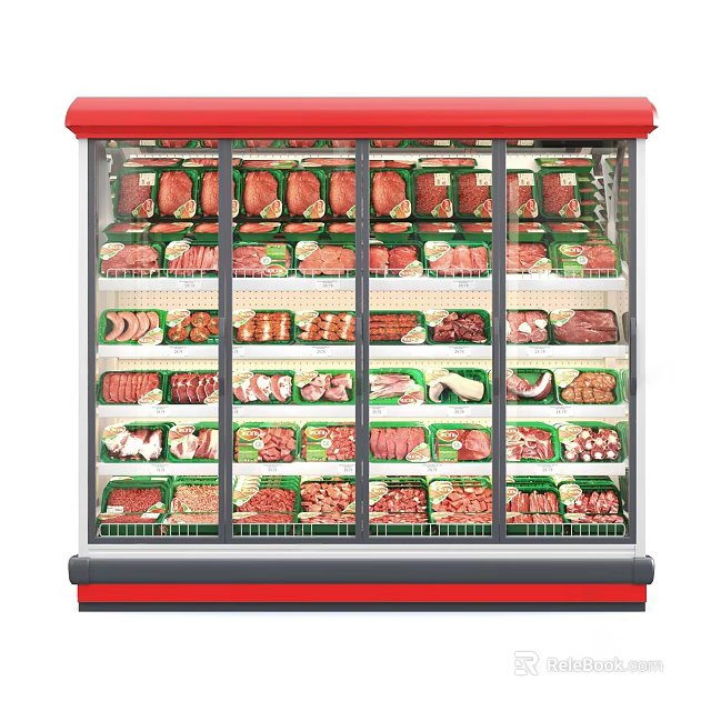 Red Commercial Refrigerated Display Case Filled With Various Meats For Store 3d model