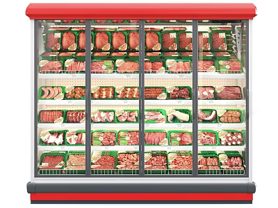 Red Commercial Refrigerated Display Case Filled With Various Meats For Store 3d model