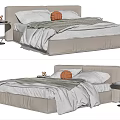 Modern Double Bed With Light Gray Frame White Pillows Gray Blanket And Round Side Table