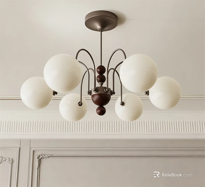 Modern Chandelier with White Spherical Shades and Walnut Center on White Wall with Decorative Molding 3d model 