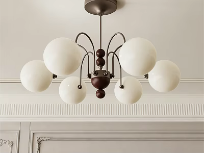 Modern Chandelier with White Spherical Shades and Walnut Center on White Wall with Decorative Molding 3d model