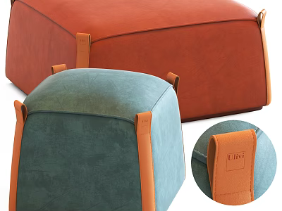 Two Tone Orange and Teal Leather Ottoman with Decorative Straps and Brand Label Detail 3d model
