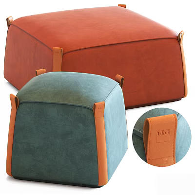 Two Tone Orange and Teal Leather Ottoman with Decorative Straps and Brand Label Detail 3d model
