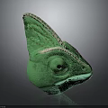 Detailed Green Chameleon Head Sculpture With Textured Skin And Horned Crest