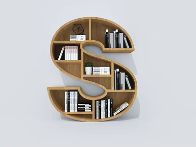 Letter S Shaped Wooden Bookshelf With Books And Small Potted Plant Decoration 3d model