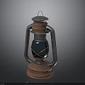 Vintage Kerosene Lamp with Metal Frame Wooden Base and Blue Glass Shade
