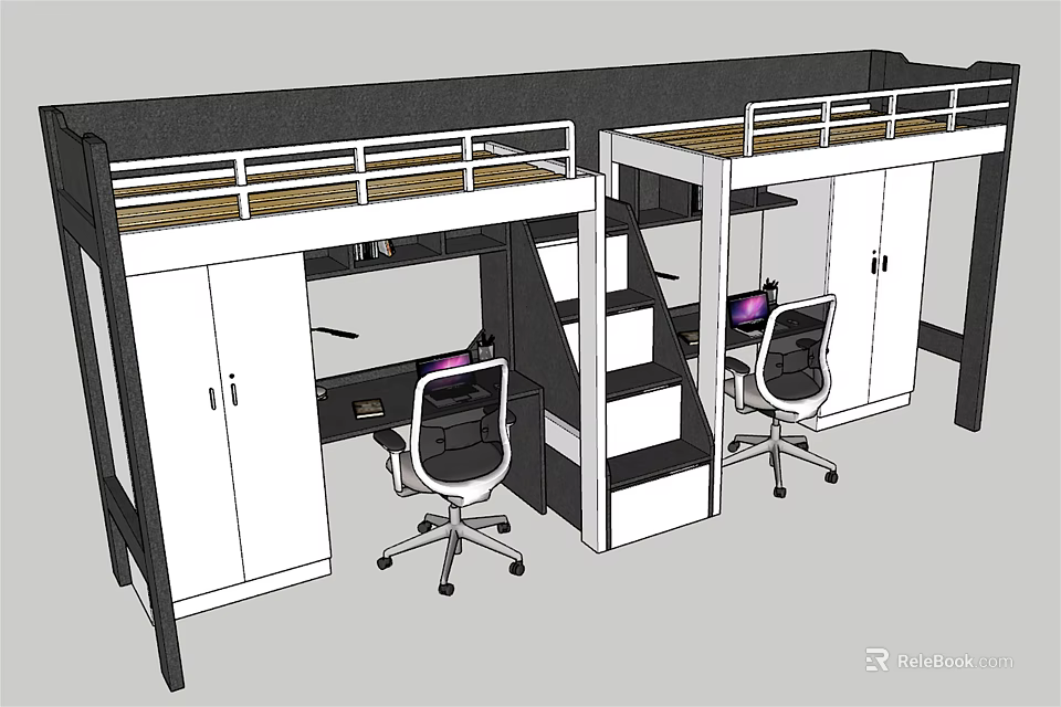 Bunk Bed With Study Desks Storage Cabinets Stairs And Ergonomic Chairs 3d model