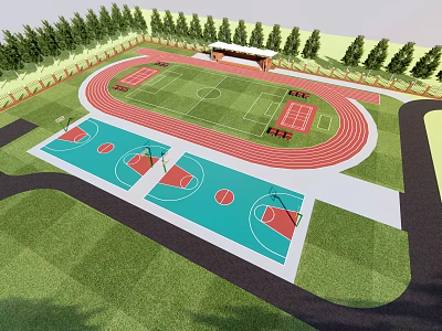 Soccer Field Featuring Red Running Track Basketball Courts Spectator Stands And Surrounding Trees 3d model