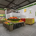 Modern Fruit Store Interior with Colorful Fresh Fruits Organized Shelves Bright Lighting and Decorative Posters