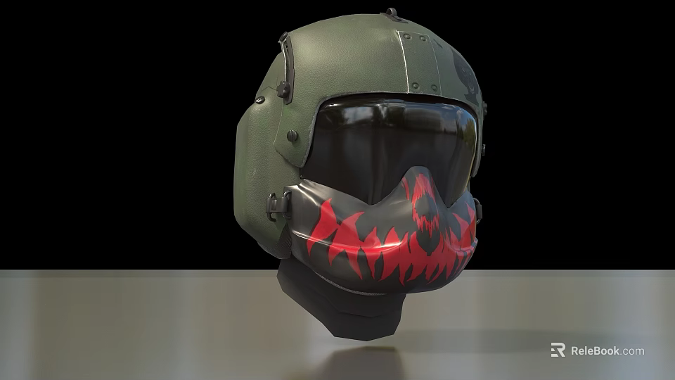 Green Tactical Military Weapon Helmet With Black Visor And Red Flame Skull Design 3d model 