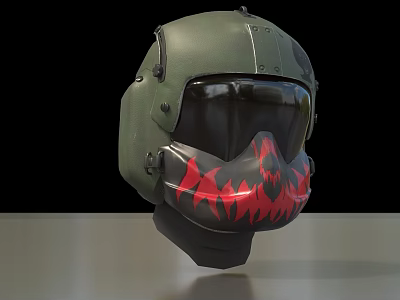 Green Tactical Military Weapon Helmet With Black Visor And Red Flame Skull Design 3d model