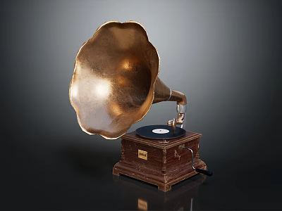 Antique Phonograph With Polished Brass Horn Wooden Base And Vinyl Record 3d model