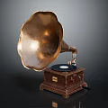 Antique Phonograph With Polished Brass Horn Wooden Base And Vinyl Record