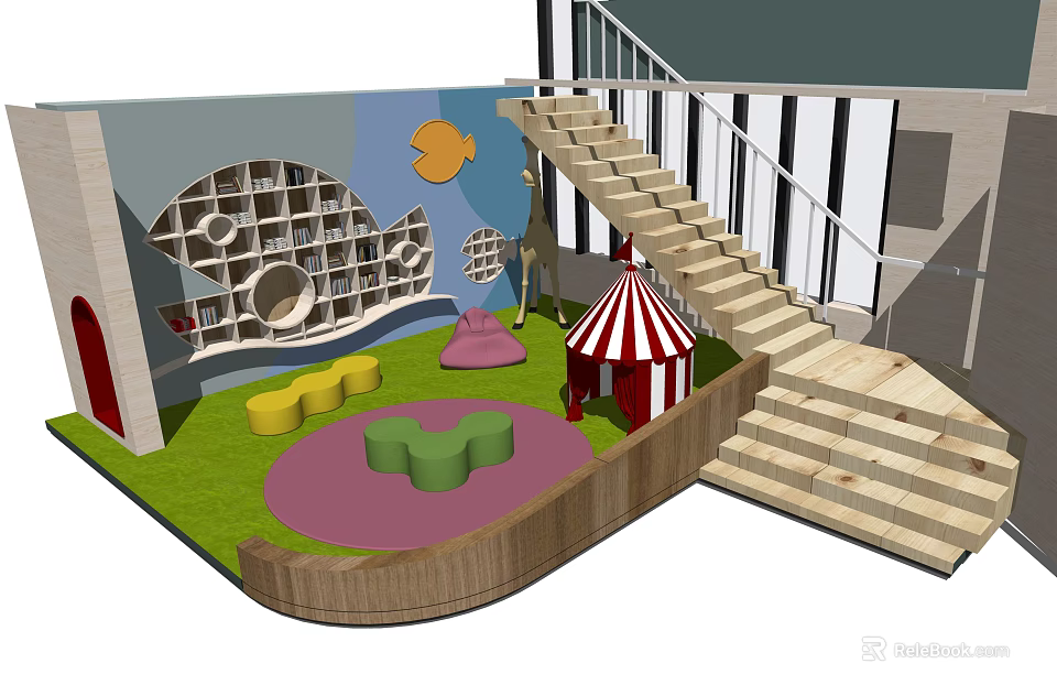 Kids Indoor Play Area with Wooden Staircase Colorful Seats and Red Tent 3d model 