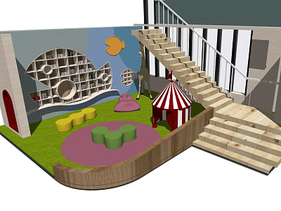 Kids Indoor Play Area with Wooden Staircase Colorful Seats and Red Tent 3d model