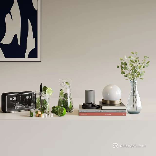 Elegant Decorative Ornament Set With Alarm Clock Lemon Slices Glass Jar And Green Leaf Vase 3d model 