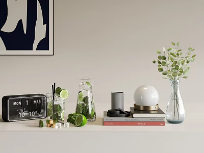Elegant Decorative Ornament Set With Alarm Clock Lemon Slices Glass Jar And Green Leaf Vase 3d model