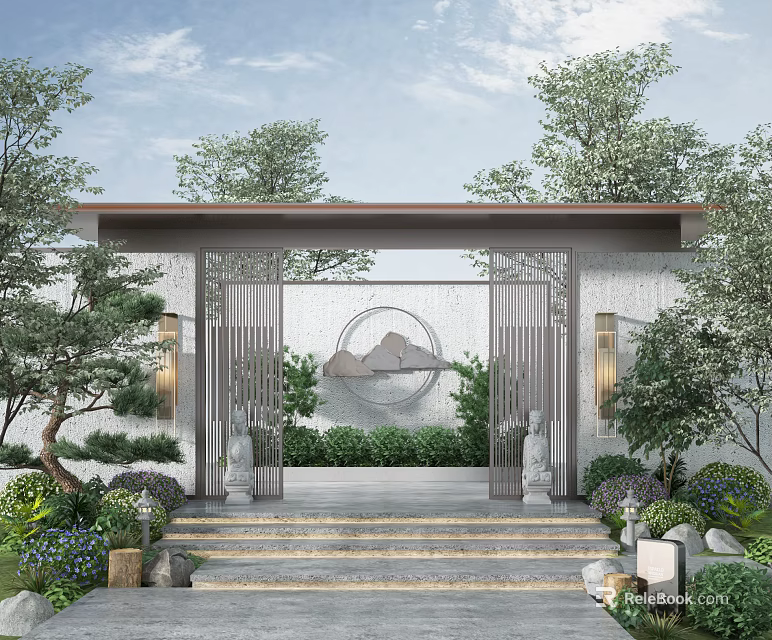 Traditional Chinese Entrance Gate With Stone Lions Stone Steps Circular Pattern And Greenery 3d model 