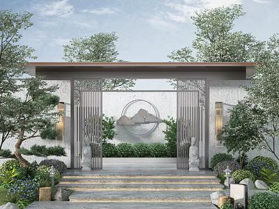 Traditional Chinese Entrance Gate With Stone Lions Stone Steps Circular Pattern And Greenery 3d model